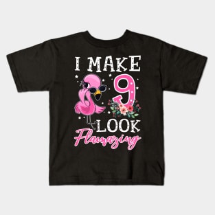Kids I Make 9 Look Flamazing Flamingo Birthday Kids T-Shirt